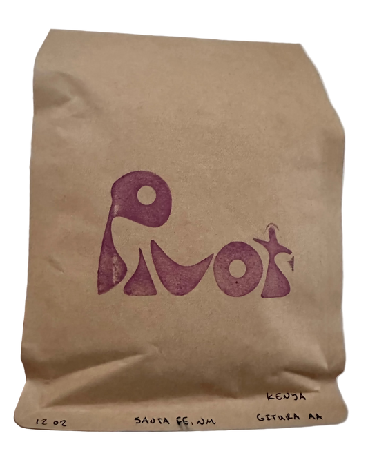 Brown paper bag with a violet "Pivot" logo 